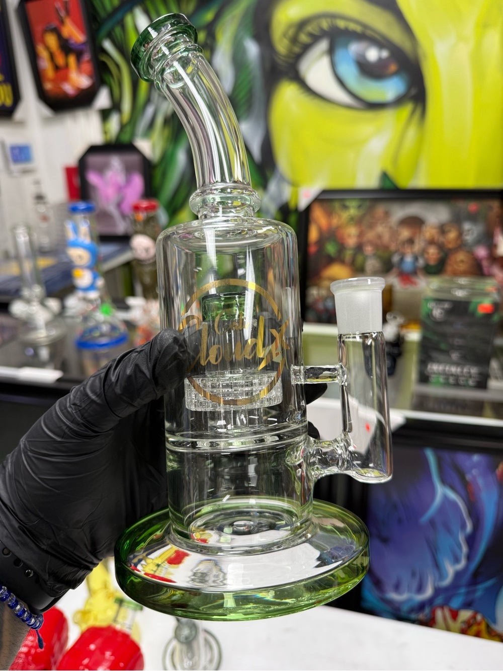 Gold Logo Clear Glass with Green Accents